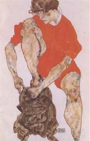 Egon Schiele Female Model in Bright Red Jacket and Pants (mk09)
